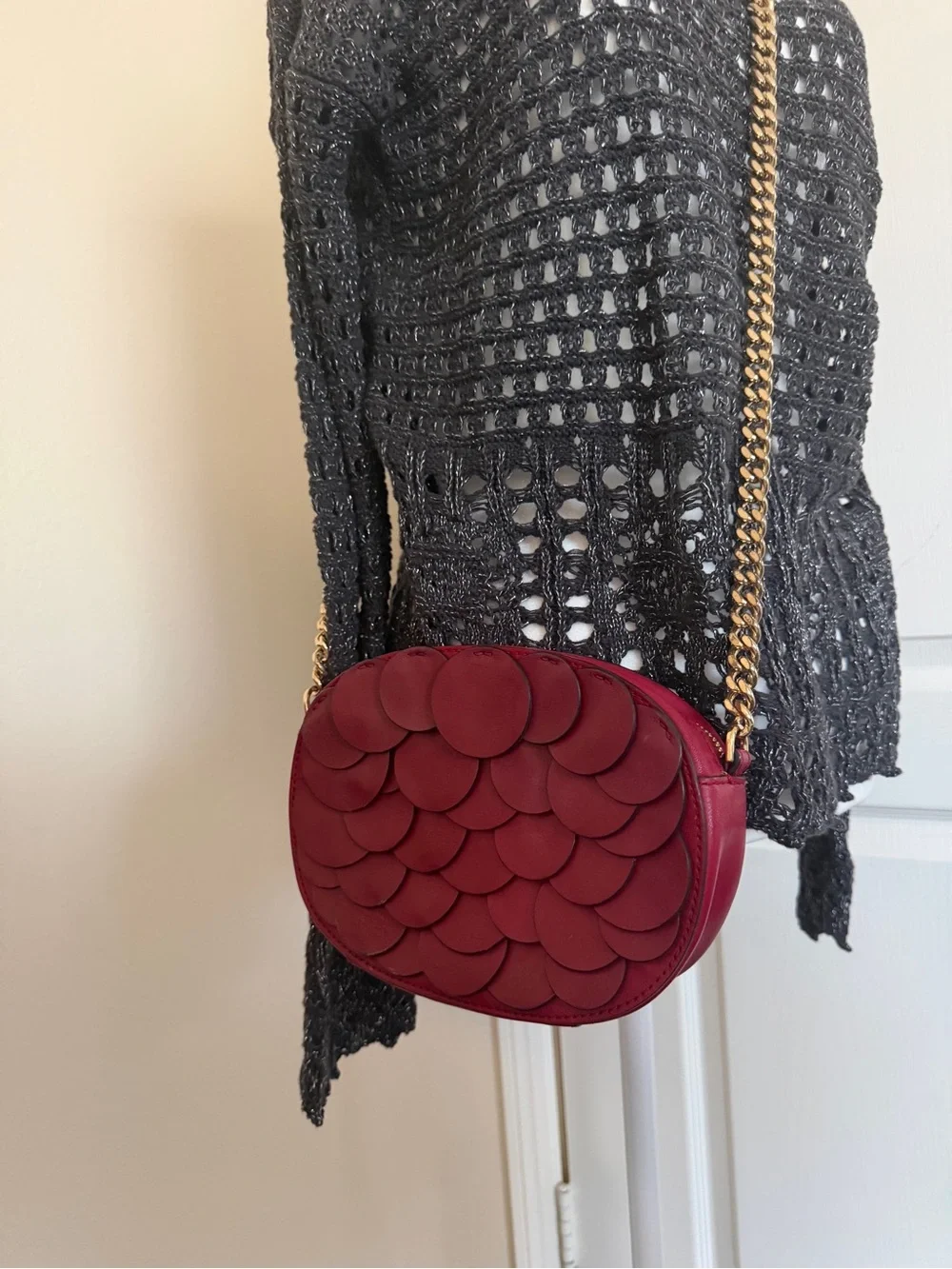 Michael Kors Red Burgundy Leather Oval Crossbody with Gold Chain